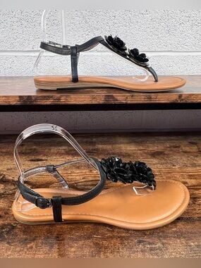 Rampage Sandals Floral Bead Flat‎ Black Casual Summer women’s see description